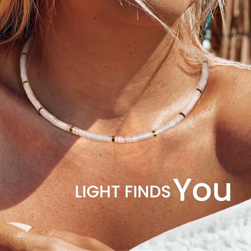 AGOT Beaded Gemstone Necklace for Women: Boho Bead Choker Natural Stone Necklaces - Handmade Jewelry for Summer Beach - color: White