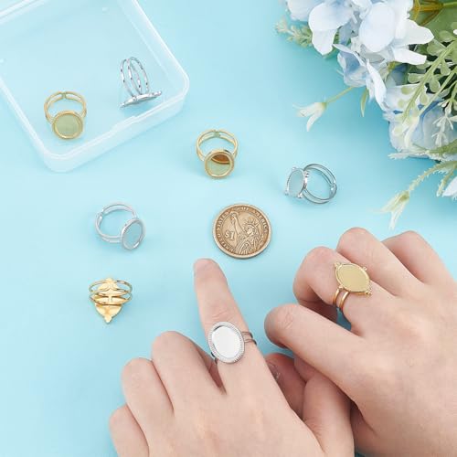 UNICRAFTALE 8Pcs 2 Colors Stainless Steel Open Cuff Rings Components Bezel Cup Rings Settings Gold Plated Oval Pad Ring Blanks Base Adjustable Blank Ring Tray 14x10.5mm for DIY Jewelry Making - size: Tray: 14x10.5mm