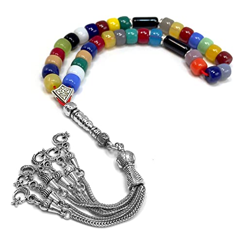 Simple Designed Natural Stone Worry Beads - Prayer Beads Tesbih-Tasbih-Tasbeeh-Misbaha-Subha-Sebha-Sibha-Rosary (Multi Color Resin Drum -8X6 mm- 33 Beads) - color: Multi Color Resin Drum -8X6 mm- 33 Beads