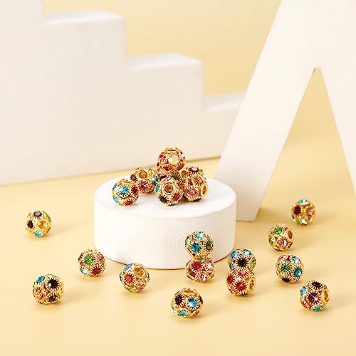 Craftdady 30Pcs 10mm Colorful Rhinestone Rondelle Spacer Beads Golden Disco Ball Loose Beads for Jewelry Making - color: Golden&Colorful-10x9mm