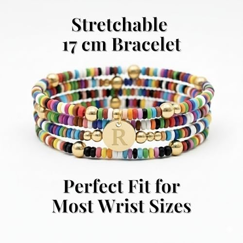 Set of 4 Colorful Bead Initial Bracelets, Personalized Stackable Jewelry, Adjustable Stretchy Charm Bracelets for Women, Beaded Bracelet Set, Trendy Custom Jewelry Gift - style: Colorful Bead - R