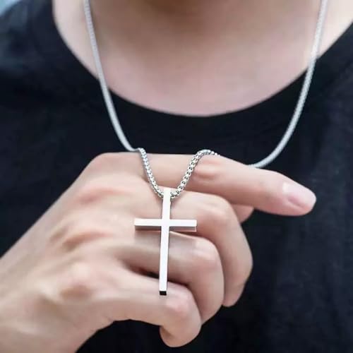 Tuefuzy Cross Necklace for Men, Silver Cross Stainless Steel Pendant Necklace, Mens Cross Chain - size: 22in