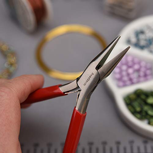 The Beadsmith Slim Line Chain Nose Pliers, 4.75 inches (120mm) with Polished Steel Head, red PVC Comfort Grip Handle with Double-Leaf Spring, Tool for Jewelry Making
