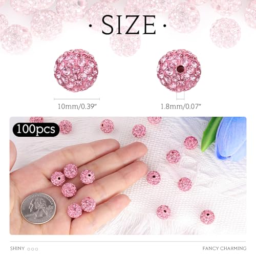 100 Pcs Pink Rhinestone Beads for Jewelry Making, Sparkle Crystal Clay Christmas for Bracelet Baseball Necklace Earring Crafting and DIY, Shiny Round Shamballa Disco Ball Beads Bulk - color: Pink, size: 100 pcs