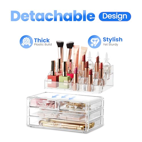 Masirs Clear Makeup Organizer - 16-Compartment Cosmetic and Jewelry Holder with 4 Drawers - Vanity Storage Box for Makeup, Skincare, Accessories, and Jewelry Display - size: 4-drawer | 16 Compartments