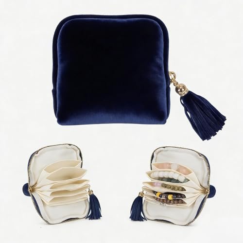 Travel Jewelry Case Small with Tassel Zipper, Soft Velvet Travel Jewelry Organizer Pouch for Necklaces, Rings and Earrings, Portable Multi Layer Jewelry Bags, Anti Tangle Storage - color: Deep Blue