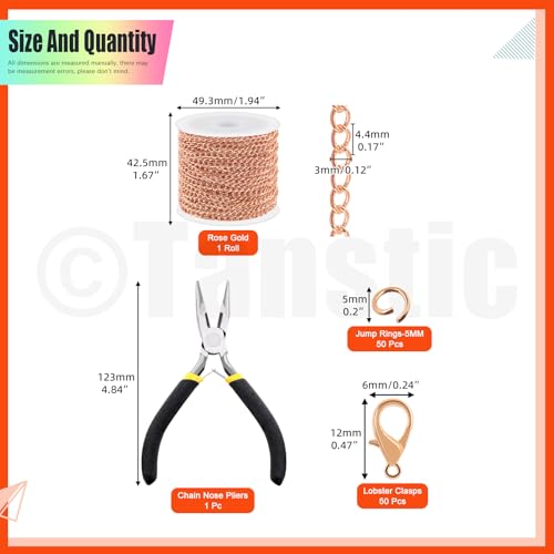 Tanstic 102Pcs 30 Feet Jewelry Making Chains Necklace Chains Bulk Cable Link Chain with 50Pcs Jump Rings, 50Pcs Lobster Clasps, Pliers for Bracelet Necklace Making(Rose Gold) - color: Rose Gold