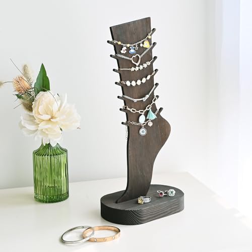 MOOCA 2 Pcs Set Two-Way Tabletop or Wall-Mountable Jewelry Display Natural Wood Foot-Shaped Bracelet Display, Anklets Display Storage, Wood Sturdy Base, Dark Brown Color - color: Dark Brown