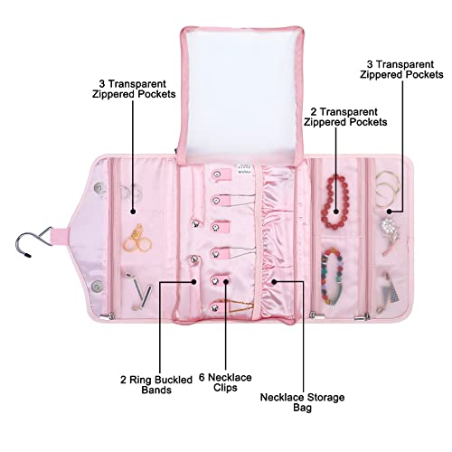 MOSISO Hanging Travel Jewelry Organizer Case, Foldable Portable Jewelry Organizer Bag with Hook & Handle for Necklace, Earrings, Rings, Bracelets and Daily Jewelries Carrying, Pink