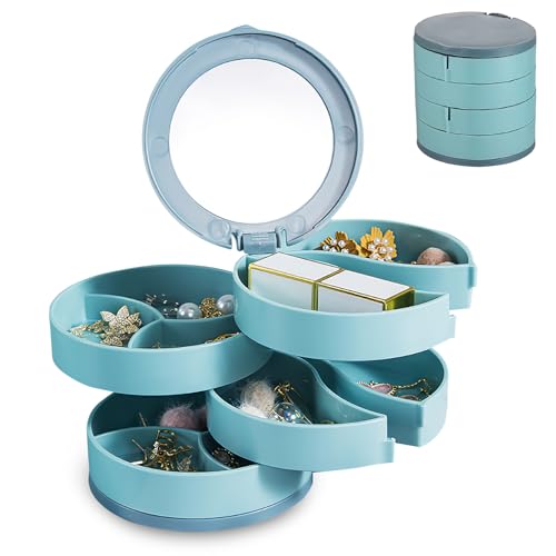 Rotating Jewelry Organizer Box with Mirror – Large Capacity Multi-Layer Storage, 360° Rotation, Protective Cover, Compact with Non-Slip Base (Blue) - color: Blue