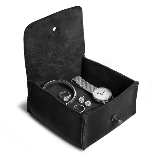 Hide & Drink, Jewelry Pouch, Mini Travel Size Box, Rings & Precious Articles Storage Organizer, Groom & Bridesmaid Wedding Gifts, Full Grain Leather, Handmade, Charcoal Black - color: Charcoal Black