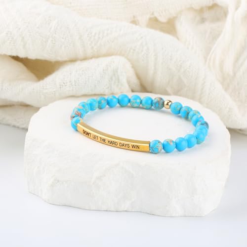 INSYOHO Dont Let the Hard Days Win Bracelet – Inspirational Healing Crystal Bracelet for Women & Men, Agate & Amethyst Beaded Adjustable, Motivational Gift for Stress Relief & Positivity - color: Turquoise Blue Sea Sediment Jasper