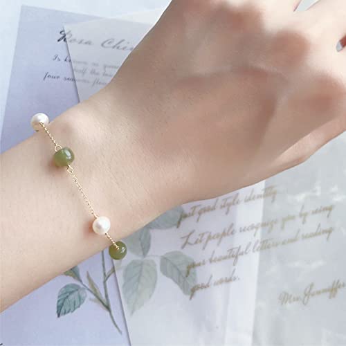 Natural Hetian Jade & Pearls Beaded Necklace Bracelet Jewelry for Women, Lucky Green Jade White Pearl Charm Adjustable Chain Jewelry Gift for Mom Lover her - color: Bracelets