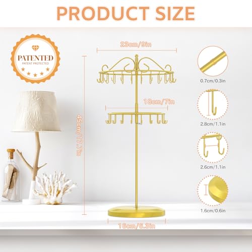 iDavosic.ly 2 Tier Rotating Necklace Holder Organizer with 42 Hooks, Adjustable Metal Bracelet Display Stand Rack, Extra Tall Keychain Spinning Tree Tower for Women, Gold - color: Gold
