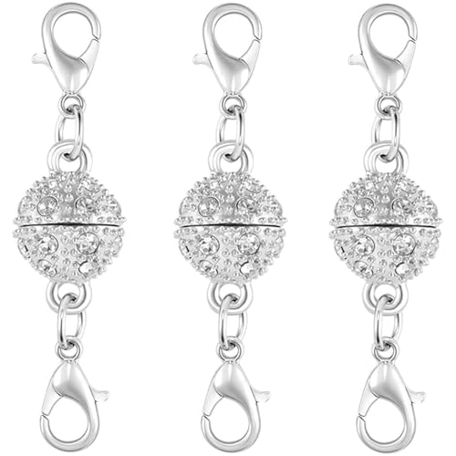 Magnetic Crystal Ball Jewelry Clasps Set, Gold and Silver Plated, Easy-to-Use Connectors with Lobster Closures for Necklaces (3pcs Silvery) - color: 3pcs silvery