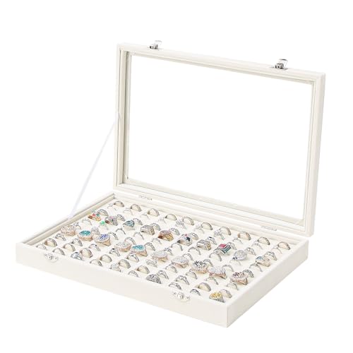 Coward Ring Organizer Jewelry Box, Beige Velvet 100 Slots Ring Display Tray Case with Transparent Glass Lid for Home Use or Store Selling Show - color: Beige Velvet, size: Ring Box