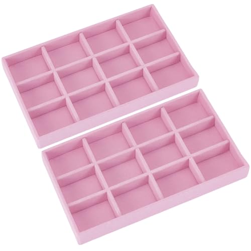 2Pcs Velvet Jewelry Drawer Organizer Trays Stackable Velvet Jewelry Organizer Bulk Pink 12 Girds Stylish Drawer Inserts for Ring Earring Holder Necklace Bracelet Storage Display Women Adults - color: Pink
