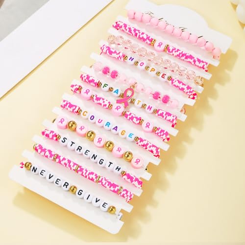 12pcs Halloween Heishi Beaded Bracelets for Women-Spooky Ghost & Pumpkin Party Favors Boho Stackable Polymer Clay Bead- Stretch Friendship Bracelet Set - style: Breast Cancer 1