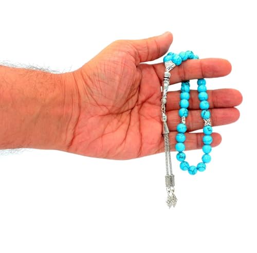 Simple Designed Natural Stone Worry Beads (8 mm -33 Beads) - Prayer Beads Tesbih-Tasbih-Tasbeeh-Misbaha-Subha-Sebha-Sibha-Rosary (Synthetic Blue Turquoise Stone) - color: Blue Turquoise Stone