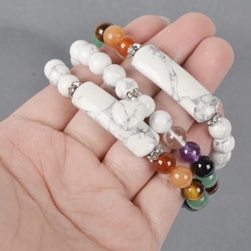 Justinstones Gem Semi Precious Gemstone Love Heart Charm Stretch Beaded Bracelet Unisex - color: White Howlite(7 Chakra)