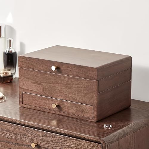 CHOSIN Black Walnut Jewelry Box for Women, 3-Level Multi-functional Organizer with Mirror for Watches, Necklaces, Rings & Earrings Storage Mothers Day Gifts for Mom - style: With Mirror