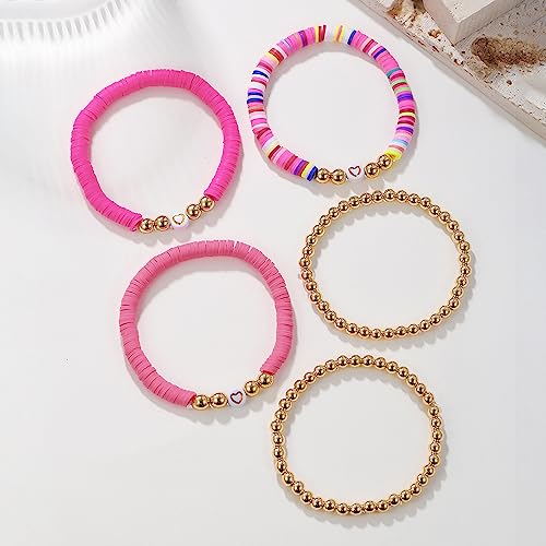 COLORFUL BLING 5-12Pcs Bohemian Love Heart Bead Bracelets for Women Vinyl Disc Heishi Surfer Stackable Stretch Bracelet Summer Beach Boho Jewelry - color: 5pcs pink