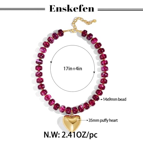 Gold Heart Pendant Necklaces for Women Colorful Acrylic Resin Beaded Choker Necklace Fashion Chunky Statement Beaded Heart Necklace - color: Purple