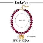 Gold Heart Pendant Necklaces for Women Colorful Acrylic Resin Beaded Choker Necklace Fashion Chunky Statement Beaded Heart Necklace - color: Purple