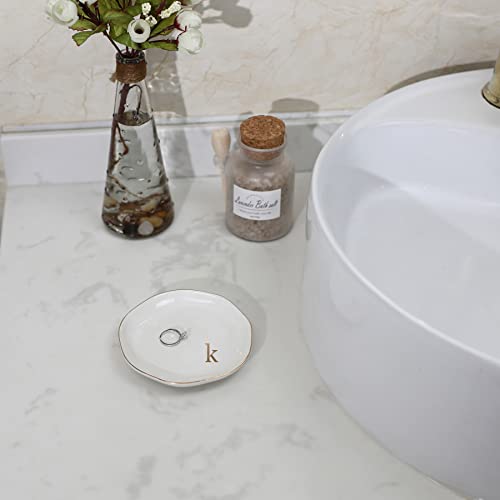 HOME SMILE Initials Ring Dish Jewery Tray with Personalized K-Monogrammed Engagement Wedding Gifts for Friends,Sister,Birthday Christmas Gifts for Women,Ceramic White - style: k