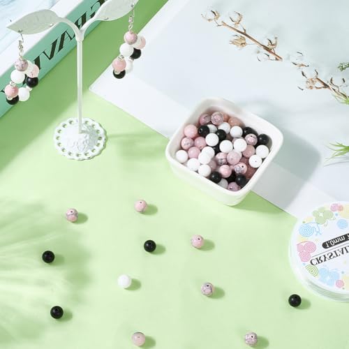 SUNNYCLUE 1 Box 180pcs Stone Beading Kit 8mm Gemstone Beads Black Pink White Jade Synthetic Turquoise Round Loose Spacer Beading Bulk with Elastic Cord for Jewelry Making Bracelets Necklaces Supplies