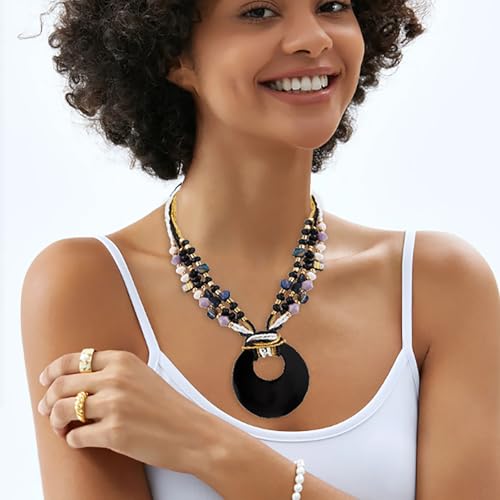 Coiris Shell Pendant Statement Strand Necklace for Women Boho Multi Beads Natural Stone Colorful Necklace Bohemian Handmade Chunky Shell Beaded Collar Jewelry for Women - color: Black
