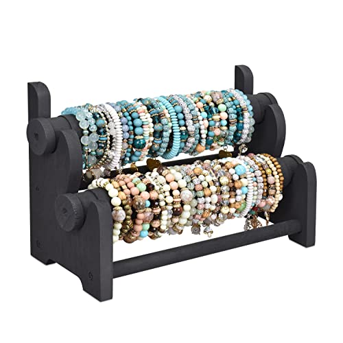 Ikee Design Wooden 2-Tier Bar Bracelet Bangle Jewelry Holder Stand Display Organizer, Wood Bracelet Bangle Holder, 11.75 W x 5.38 D x 8 H in,Black Color - color: Black