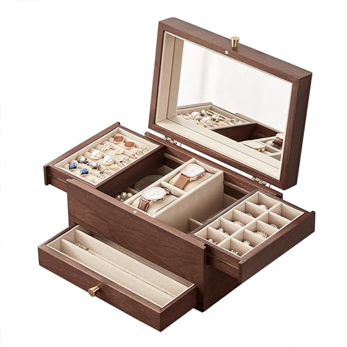 CHOSIN Black Walnut Jewelry Box for Women, 3-Level Multi-functional Organizer with Mirror for Watches, Necklaces, Rings & Earrings Storage Mothers Day Gifts for Mom - style: With Mirror