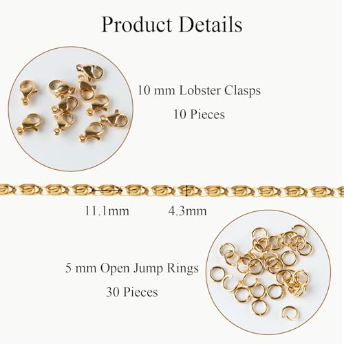 Jabogrii 5 Meters Gold Chain for Jewelry Making Stainless Steel Chain on Spool Craft Jewelry Making with Lobster Clasps and Jump Rings - color: Gold