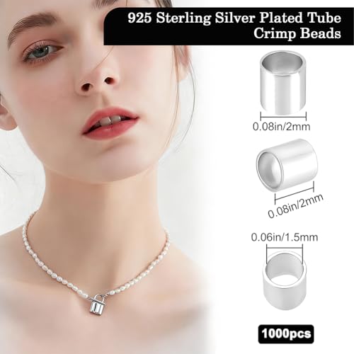 Beebeecraft 1 Box 1000Pcs Tube Crimp Beads 925 Sterling Silver Plated Brass Stopper Crimping Bead Column Positioning Beads for Jewelry Making DIY Crafts Findings, Tiny 2x2mm - color: Silver