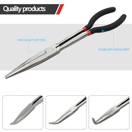 4-Piece 11" Precision Long Nose Pliers Set with Insulated Comfort Grip Handles,Straight Long Needle Nose Pliers,25/45/90 Degree Angle Curved Pliers for Wire Bending,Shaping,Trimming - size: 4pcs-Straight/25/45/90