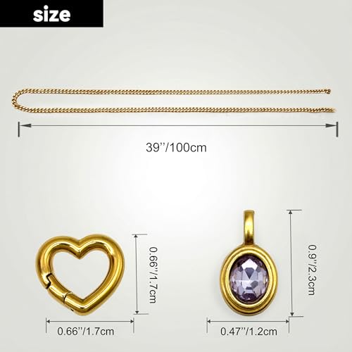 Heart Slip Chain Necklace for Women, 39 Inch Cuban Chain, Removable Heart O-Ring, Crystal Pendant, Adjustable Stainless Steel Y-Necklace - color: Gold-Purple