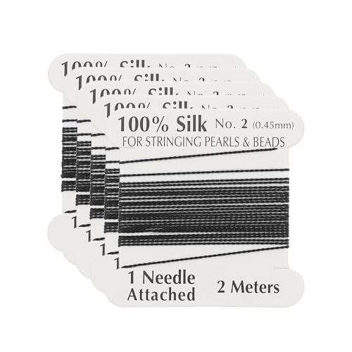 PATIKIL Silk Cord Thread, 5 Pcs Pure Silk Beading Thread Cord Size 0.45 mm with The Knotting Pearls Needle Attached, Black - color: Black