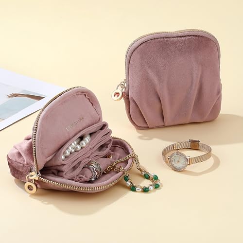 Velvet Travel Jewelry Pouch, 2-in-1 Clamshell Case with Detachable Insert, Portable Travel Jewelry Organizer with Wrist Strap, Converts to Mini Coin Purse, Gift for Women & Girls (Dusty Pink) - color: Dusty Pink