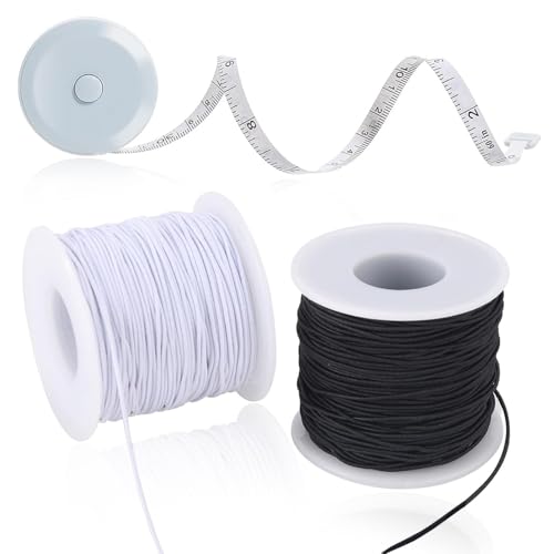 2 Rolls Stretchy Elastic Cord & Retractable Measuring Tape Set, 1.0mm x 110 Yards Beading String for Jewelry Making, Bracelets, Necklaces (Black + White) - size: White Black (1.0mm)