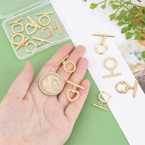 PH PandaHall 18K Toggle Clasps, 6 Styles T-Bar Closure Clasp 12 Sets Jewelry Clasps Flower Ring Leaf IQ Brass Bracelet Clasp for Necklace Making - color: 6 Styles