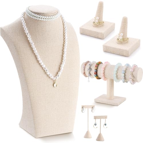 Kigley 6 Pcs Jewelry Display Set Necklace Bust T Bar Bracelet Holder Earring Ring Finger Display jewelry Stand for vendors Selling Store Trade Show(Linen) - color: Linen