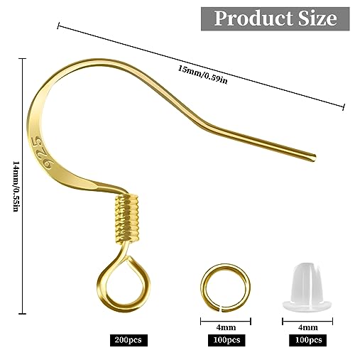 200 PCS/100 Pairs 14K Gold Tone Earring Hooks Hypoallergenic 925 Sterling Silver Plated Ear Wires Fish Hooks with 100 PCS Silicone Ear Backs and Jump Rings Earring Finding for DIY Jewelry Making - color: 14K Gold