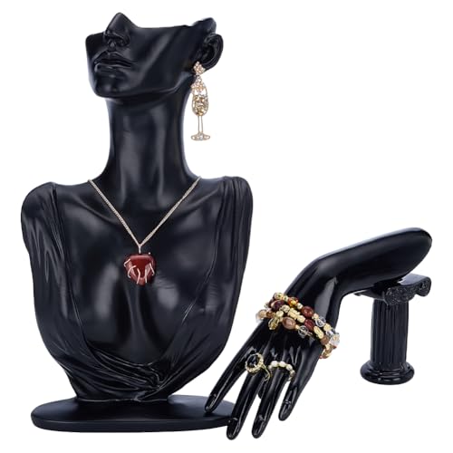 UNICRAFTALE 2pcs Jewelry Mannequin Display Set Black Resin Side Body Model Bust Shaped Jewelrys Necklace Displays Stands with Mannequin Hand Bracelet Necklace Ring Display Stand for Jewelry Displays - color: Black