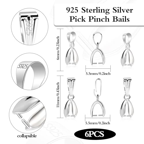 925 Sterling Silver Pinch Bail Clasp, 6 Pcs Hypoallergenic White Gold Plated Slider Necklace Pendant Pinch Clip with Open Loop Snap Bail Necklace Pendant Clasp Connectors for Jewelry Making - color: 6Pcs