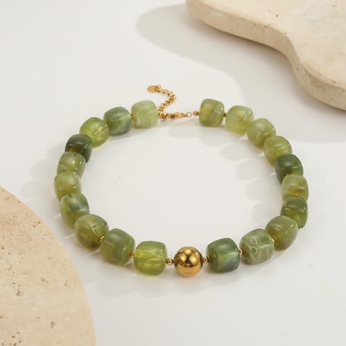 Chunky Acrylic Resin Beaded Necklace for Women Colorful Large Round Choker Adjustable Stack Acrylic Beads Necklace Resin Summer Party Jewelry - style: Olive Green