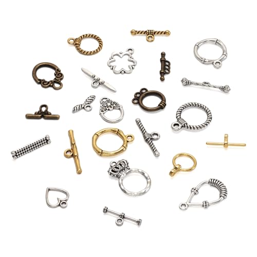 Craftdady 120 Sets Antique Silvery Toggle Clasps - Tibetan T-Bar Closure With Connectors for Bracelet Jewelry Crafts Making (Ring, Drop, Heart, Flower, Crown) - color: 11 Styles, Antique Bronze, Silver, Gold