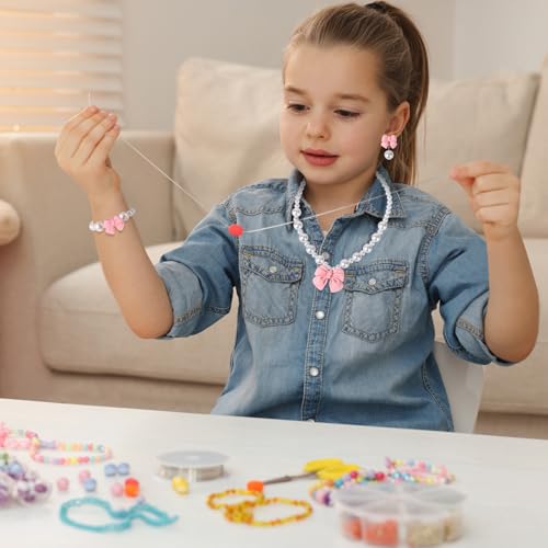 Princess Jewelry for Little Girls, Handmade Bow Pearl Kids Jewelry Set, Stretch Necklace Bracelets Rings and Clip on Earrings, Perfect for Dress Up, Birthday Parties, and Costume Play - color: Pink