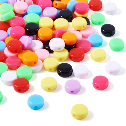KISSITTY 100Pcs Colorful Acrylic Bead 10 Colors Flat Round Shape Craft Beads Disc Coin Pony Loose Spacer Beads for Jewelry Making DIY Craft Bracelet Necklace Earrings Accessories 10x5mm