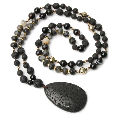 Long Necklaces for Women Boho, Oval Waterdrop Turquoise Pendant, Natural Stone Beaded, Handmade,Vintage & Elegance, Boho Fashion Charm Beaded Necklace for Women - style: O-OvalLavaRockPendant